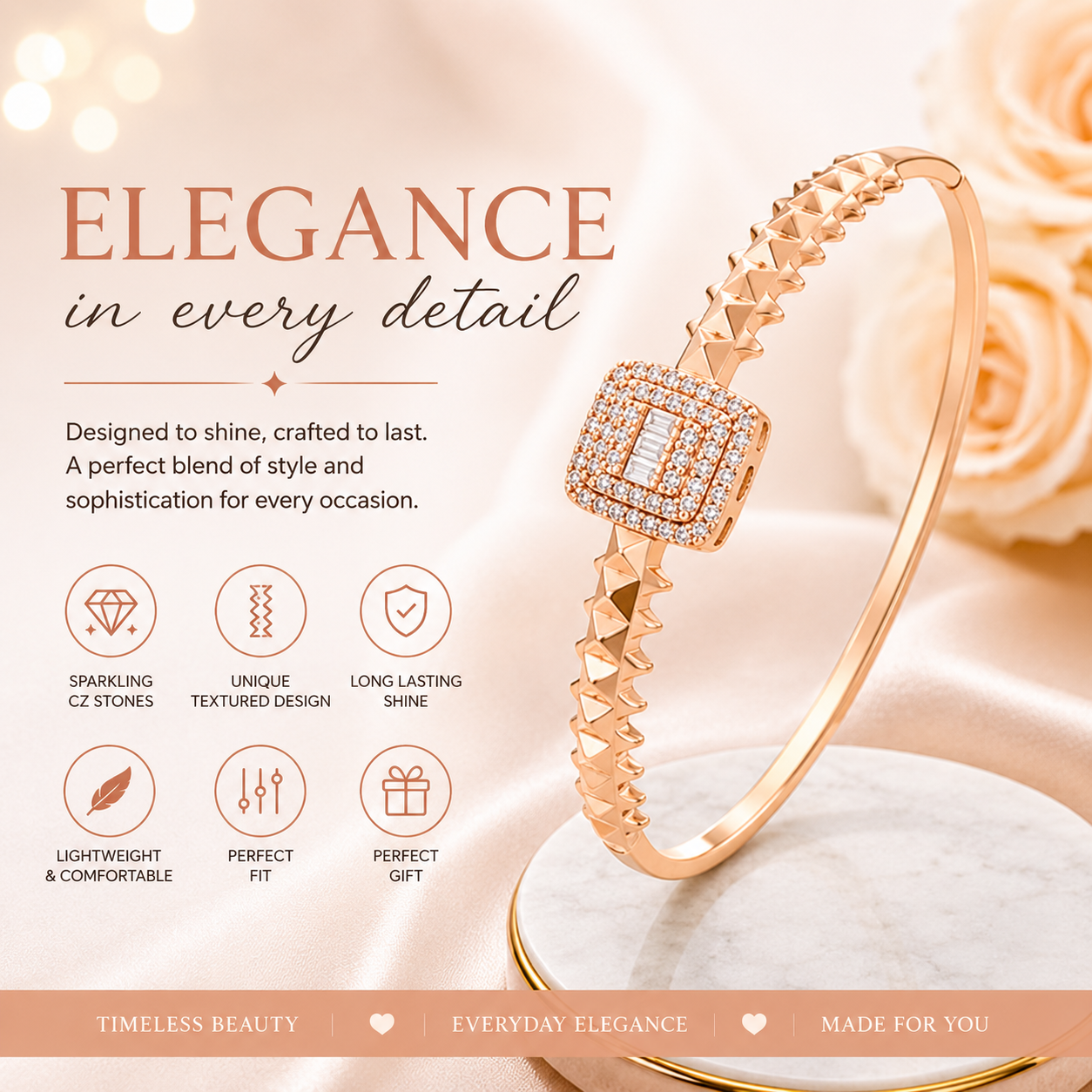 FASHION JEWELRY HYPO ALLERGENIC BANGLE ROSE GOLD PLATED 200