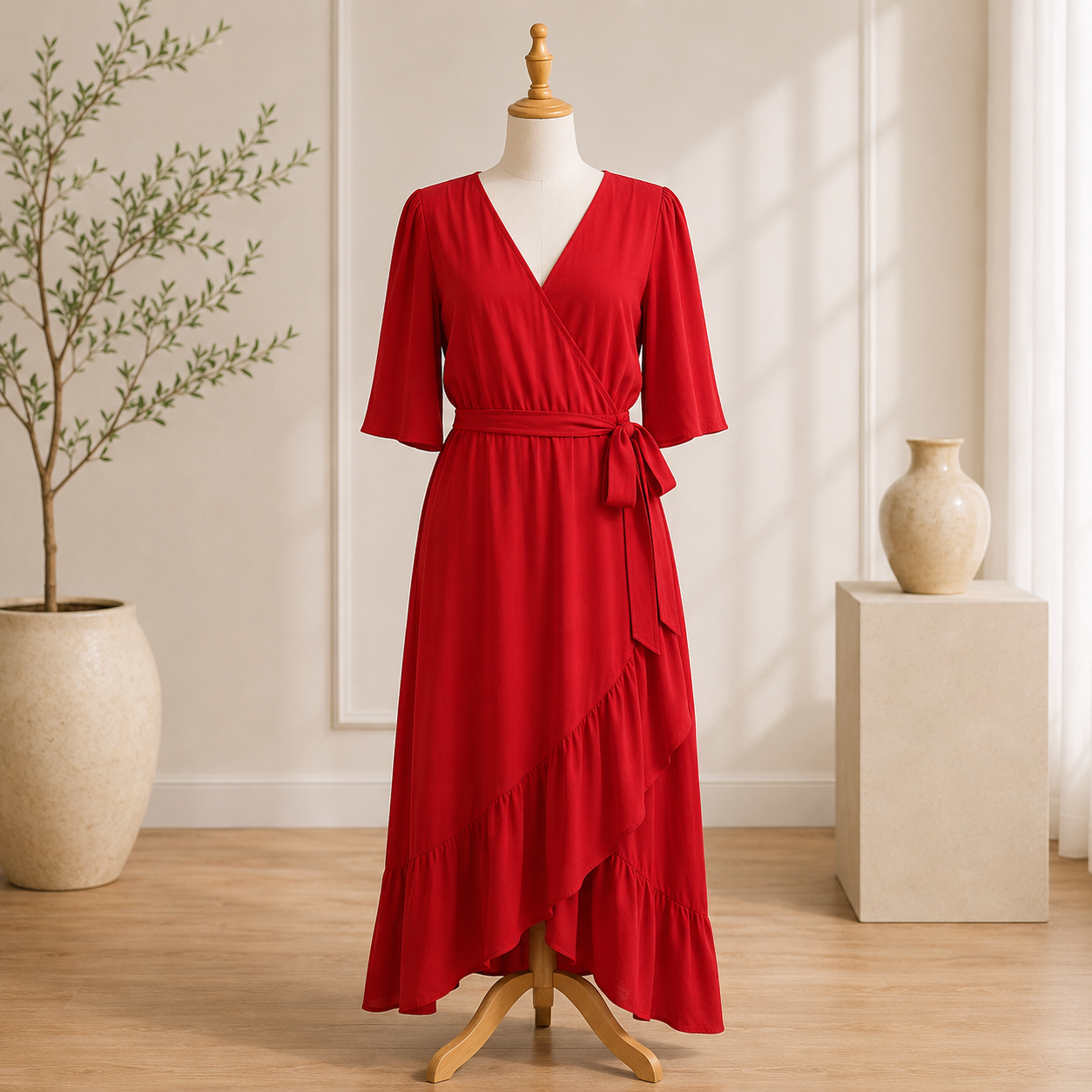 Red Wrap Ruffle Maxi Dress – Elegant Women's Evening Dress