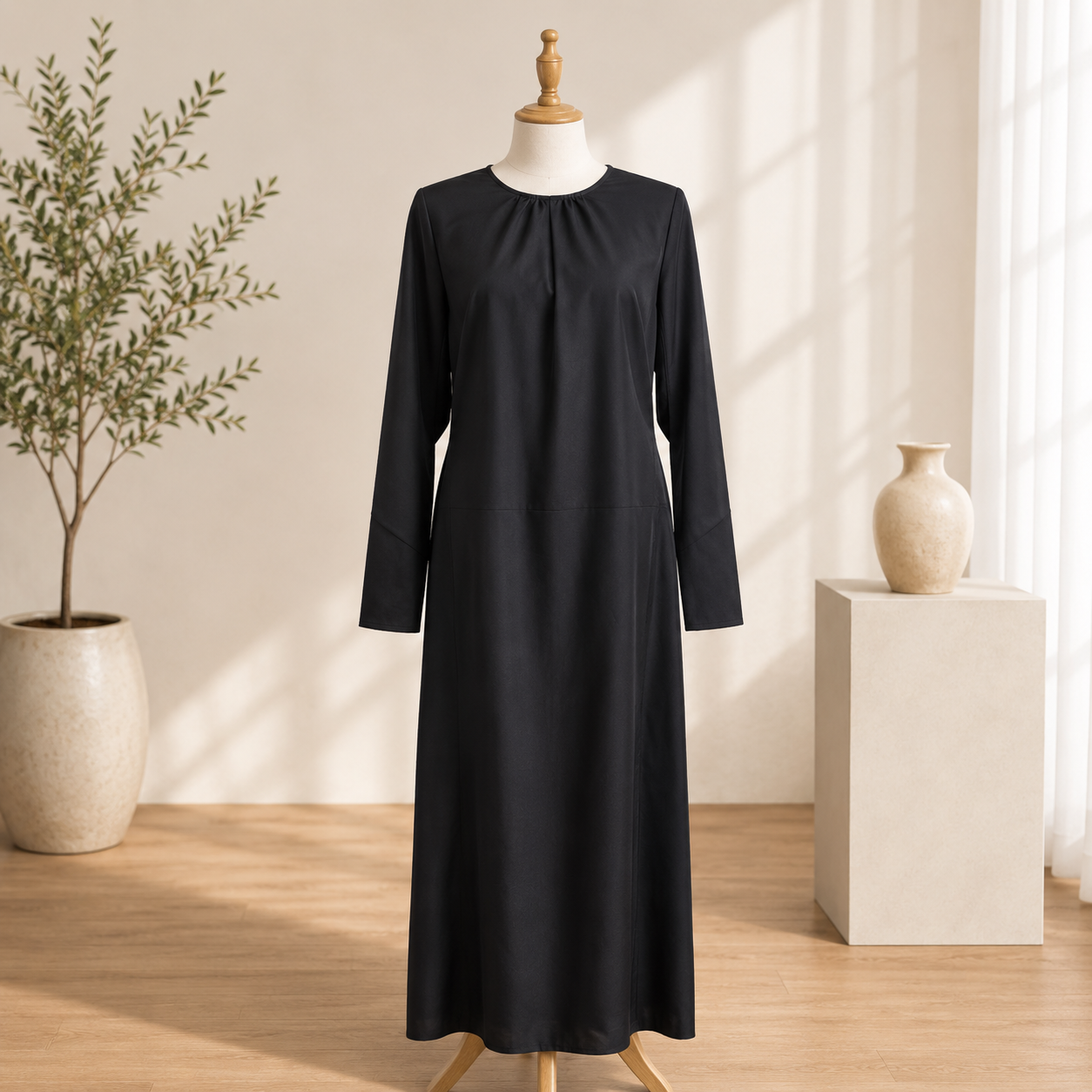 Women's Black Long Sleeve Maxi Dress | Modest Round Neck Casual Dress
