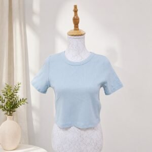 Women's Light Blue Ribbed Crew Neck Crop T-Shirt