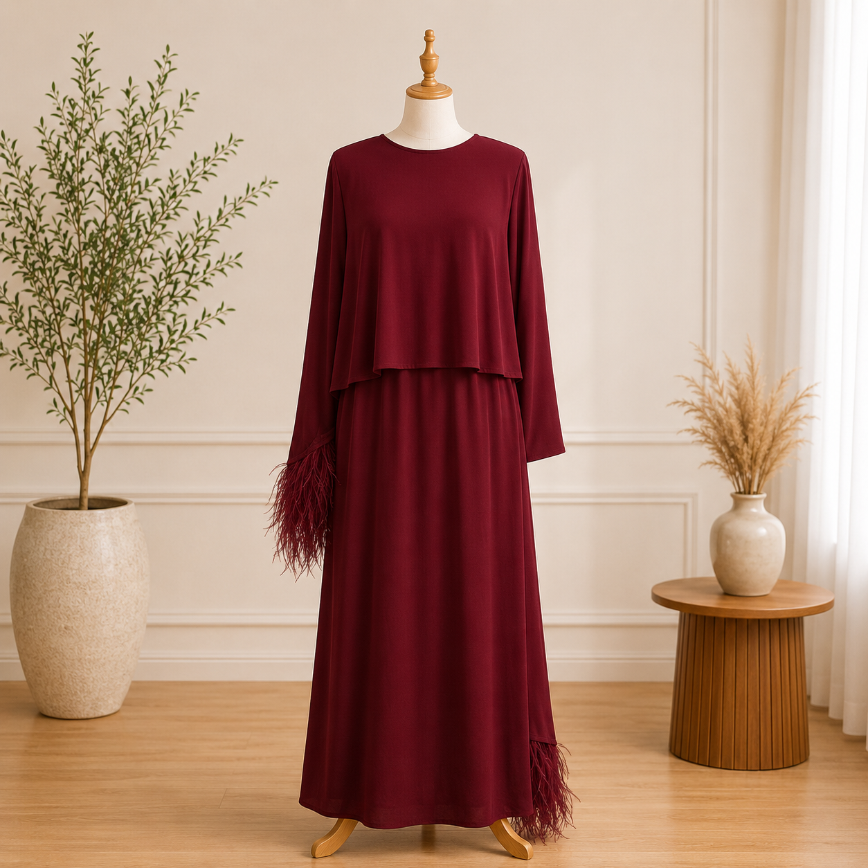 Women's Burgundy Feather Trim Maxi Dress – Elegant Long Sleeve Evening Dress