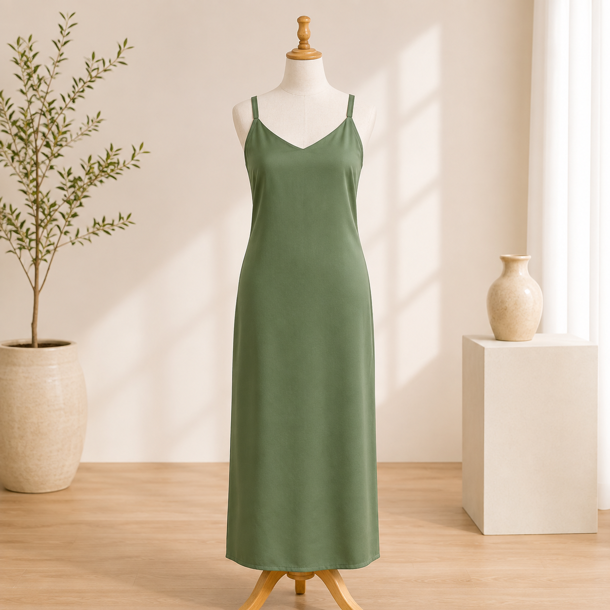 Women's Olive Green Spaghetti Strap Maxi Dress | Sleeveless Slip Dress