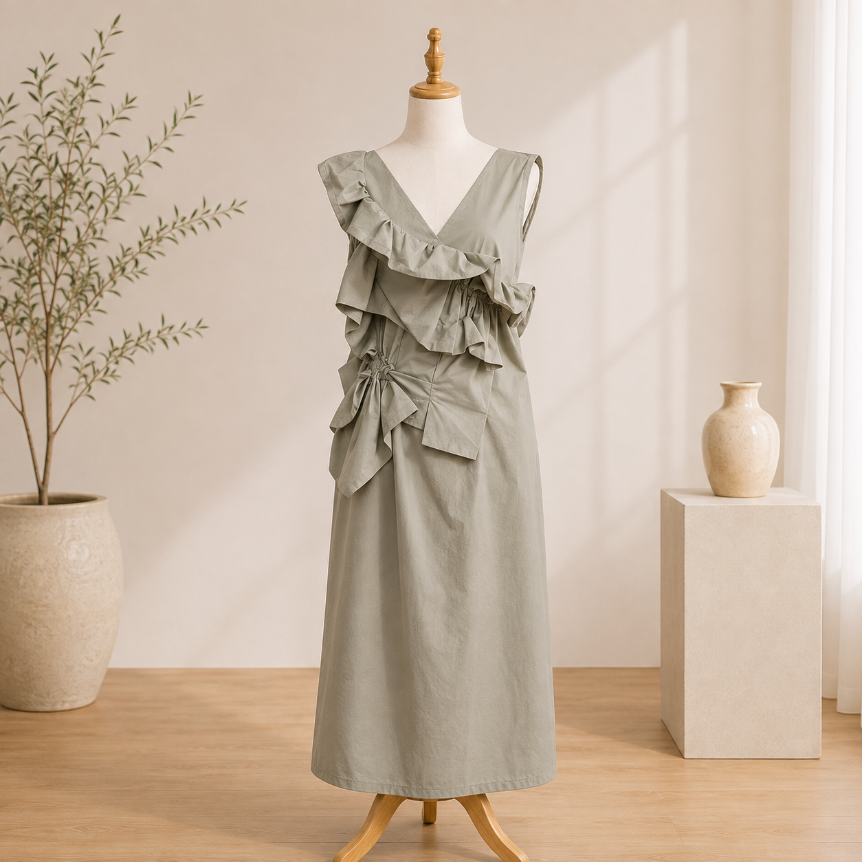 Women's Sage Green Ruffle Detail Maxi Dress | Sleeveless V-Neck Statement Dress